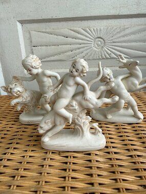 Antique 1890s German Bisque Porcelain Cherub Putti Figurines With Animals